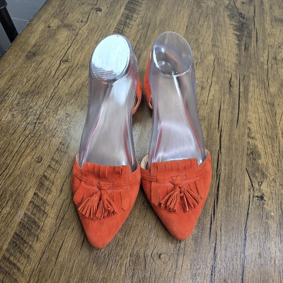 J. Crew Orange Red Suede Kilted Pointed Toe Dorsay Tassel Flats - Picture 12 of 13